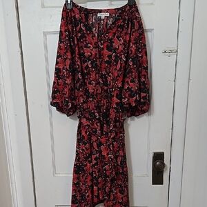 Ophelia Roe Paisley Print Red and Black Belted Puff Sleeve V Neck Notch Dress